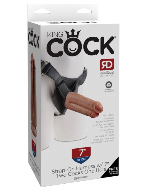 Кофейный сдвоенный поясной страпон Strap-On Harness with 7" Two Cocks One Hole - 19,1 см., Pipedream