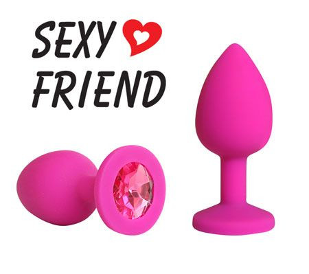 Розовая конусовидная анальная пробка с малиновым кристаллом - 7,3 см., Bior toys