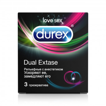 Рельефные презервативы с анестетиком Durex Dual Extase - 3 шт., Durex
