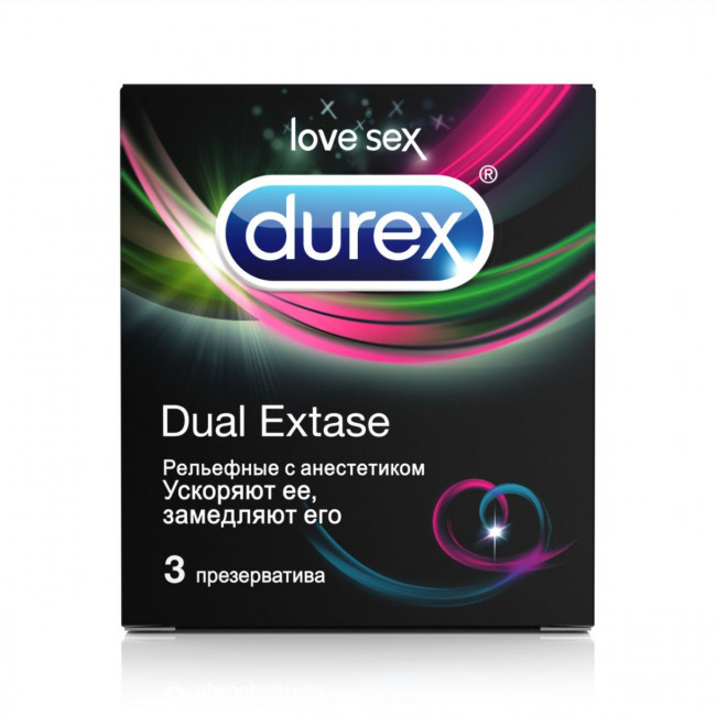 Рельефные презервативы с анестетиком Durex Dual Extase - 3 шт., Durex