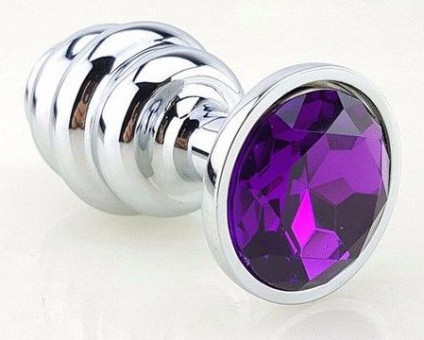 Серебристая фигурная анальная пробка с фиолетовым кристаллом - 8 см., 4sexdreaM
