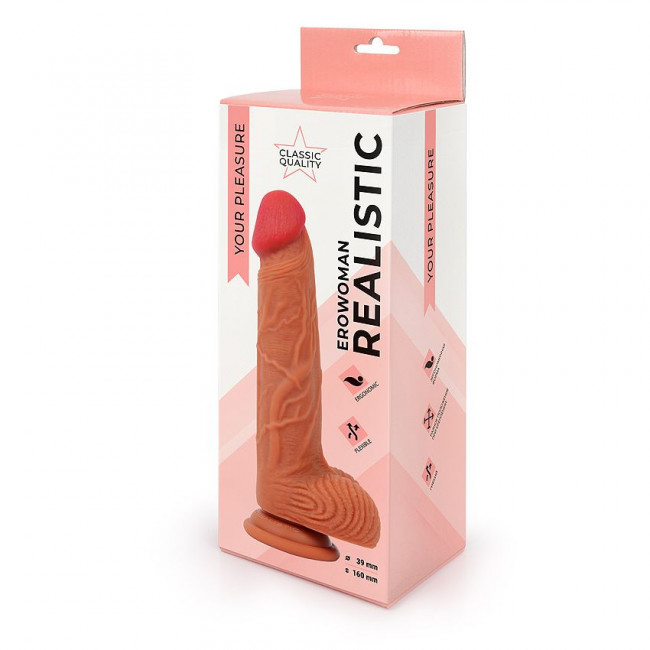 Реалистичный фаллоимитатор Erowoman телесного цвета с мошонкой, Bior toys