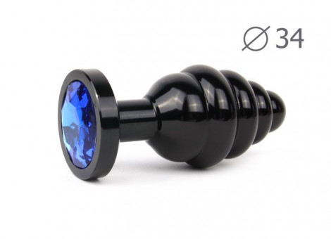 Коническая ребристая черная анальная втулка с синим кристаллом - 8 см., Anal Jewelry Plug