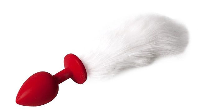 Красная силиконовая анальная пробочка с пушистым белым хвостом, 4sexdreaM