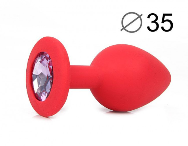 Красная конусовидная анальная пробка с сиреневым кристаллом - 8 см., Bior toys