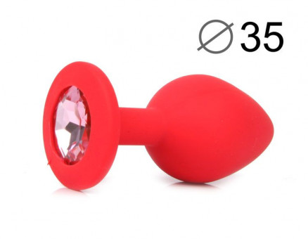 Красная конусовидная анальная пробка с розовым кристаллом - 8 см., Bior toys