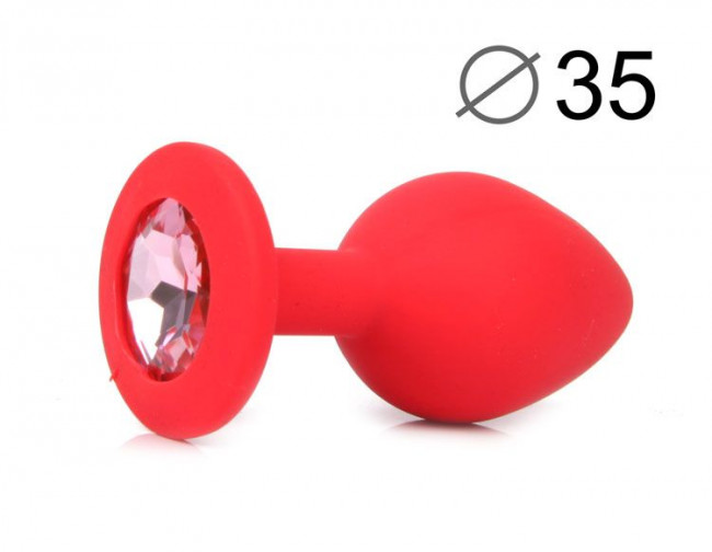 Красная конусовидная анальная пробка с розовым кристаллом - 8 см., Bior toys