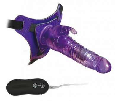 Фиолетовый страпон 10 Mode Vibrations 8.5" Harness Rabbit Dong - 19 см.