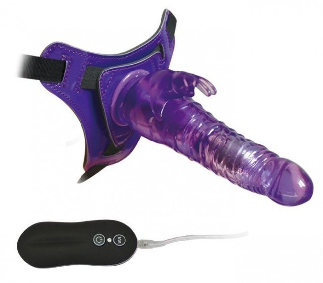 Фиолетовый страпон 10 Mode Vibrations 8.5" Harness Rabbit Dong - 19 см.