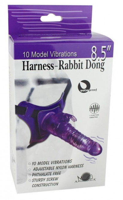 Фиолетовый страпон 10 Mode Vibrations 8.5" Harness Rabbit Dong - 19 см.