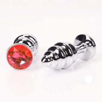 Серебристая рифленая пробка с красным кристаллом - 9 см., 4sexdreaM
