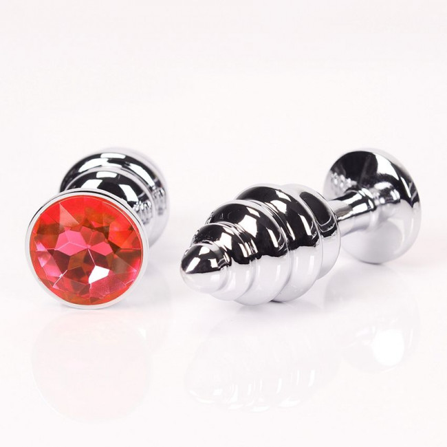 Серебристая рифленая пробка с красным кристаллом - 9 см., 4sexdreaM