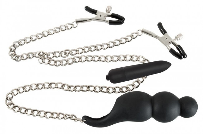 Зажимы на соски с вибростимулятором на цепочке Nipple Clips with Vibrator, Orion Зажимы на соски с вибростимулятором на цепочке Nipple Clips with Vibrator, Orion