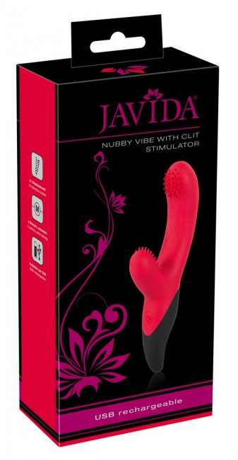 Вибратор Javida с щёточками на головке и клиторальном отростке - 19 см., Orion