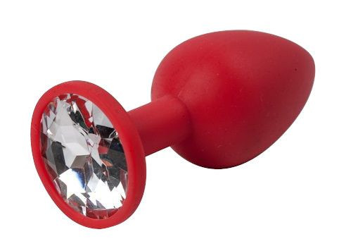 Красная силиконовая анальная пробка с прозрачным стразом - 7,1 см., 4sexdreaM