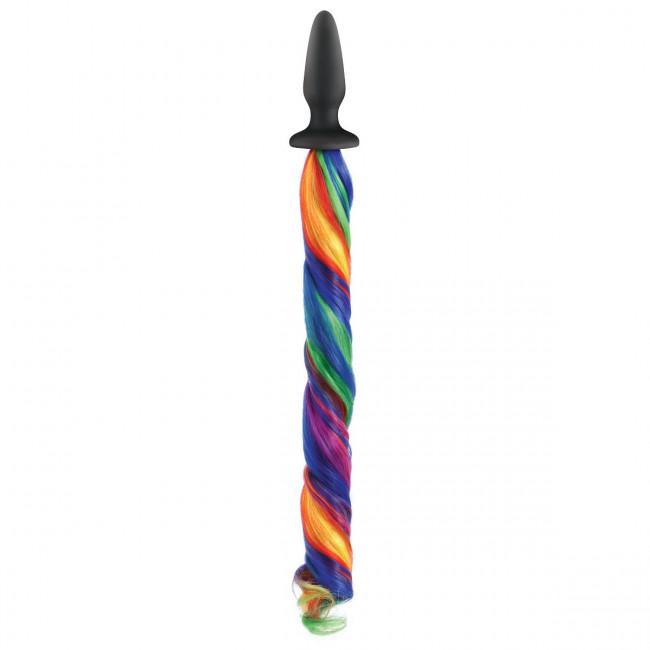 Чёрная анальная пробка с радужным хвостом Unicorn Tails Rainbow, NS Novelties