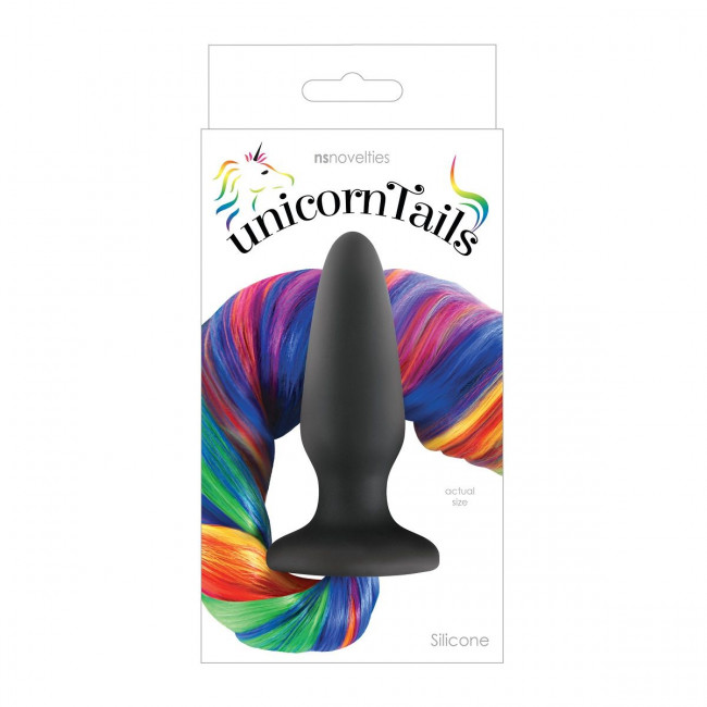 Чёрная анальная пробка с радужным хвостом Unicorn Tails Rainbow, NS Novelties