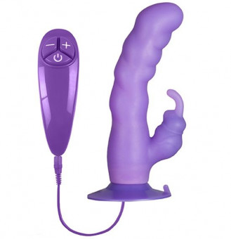 Фиолетовый вибратор с клиторальным отростком и присоской PURRFECT SILICONE SUCTION CUP DUO VIBE - 18 см., Dream Toys