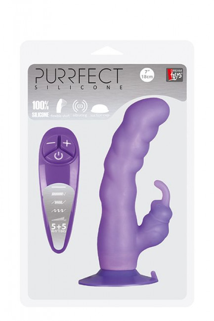 Фиолетовый вибратор с клиторальным отростком и присоской PURRFECT SILICONE SUCTION CUP DUO VIBE - 18 см., Dream Toys