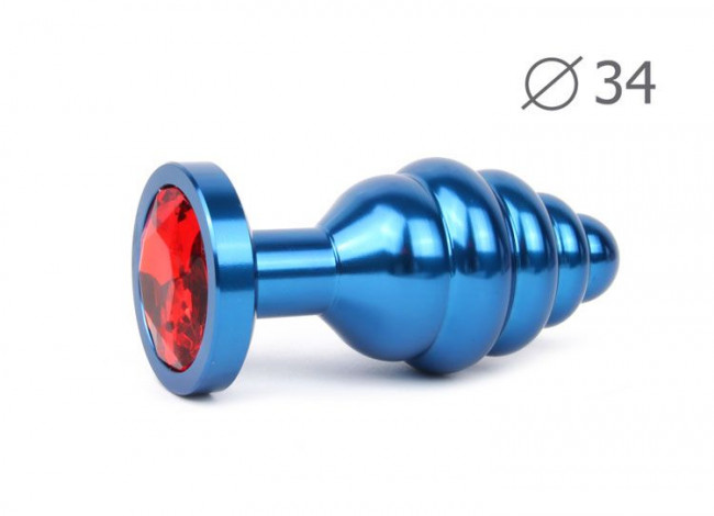 Коническая ребристая синяя анальная втулка с красным кристаллом - 8 см. , Anal Jewelry Plug Коническая ребристая синяя анальная втулка с красным кристаллом - 8 см. , Anal Jewelry Plug