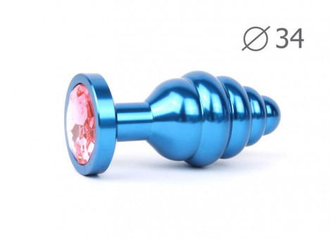 Коническая ребристая синяя анальная втулка с розовым кристаллом - 8 см. , Anal Jewelry Plug