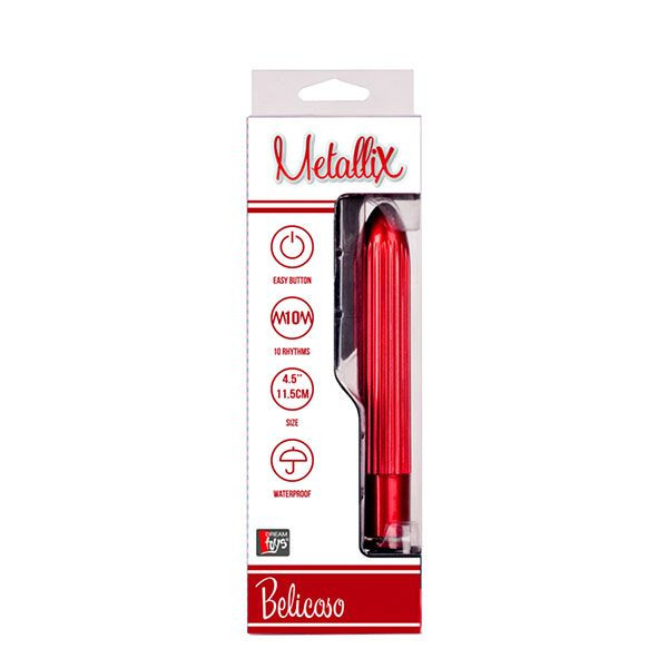 Красный классический вибратор с ребрышками METALLIX BELICOSO RIBBED VIBRATOR - 11,5 см., Dream Toys