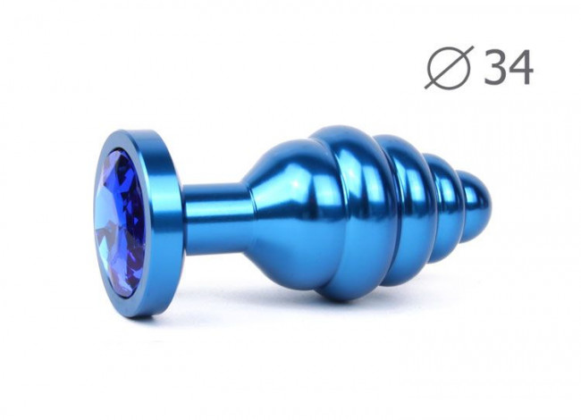 Коническая ребристая синяя анальная втулка с синим кристаллом - 8 см., Anal Jewelry Plug