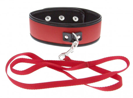 Красно-чёрный ошейник из полиуретана с поводком Collar and Leash, Blush Novelties
