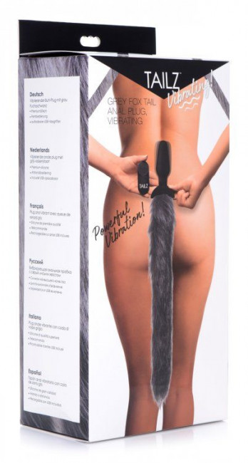 Черная анальная вибропробка с серым лисьим хвостом Grey Fox Tail Vibrating Anal Plug Черная анальная вибропробка с серым лисьим хвостом Grey Fox Tail Vibrating Anal Plug