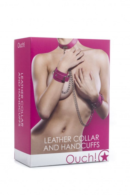 Розовый комплект для бондажа Leather Collar and Handcuffs, Shots Media BV Розовый комплект для бондажа Leather Collar and Handcuffs, Shots Media BV