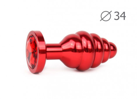 Коническая ребристая красная анальная втулка с красным кристаллом - 8 см., Anal Jewelry Plug