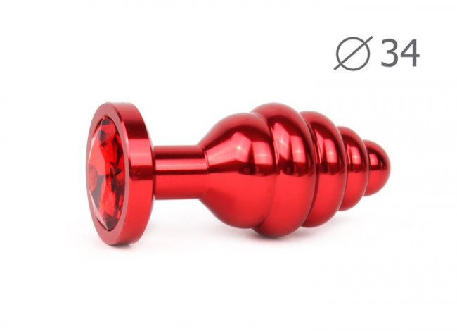 Коническая ребристая красная анальная втулка с красным кристаллом - 8 см., Anal Jewelry Plug