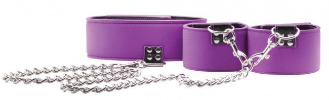 Чёрно-фиолетовый двусторонний ошейник с наручниками Reversible Collar and Wrist Cuffs, Shots Media BV
