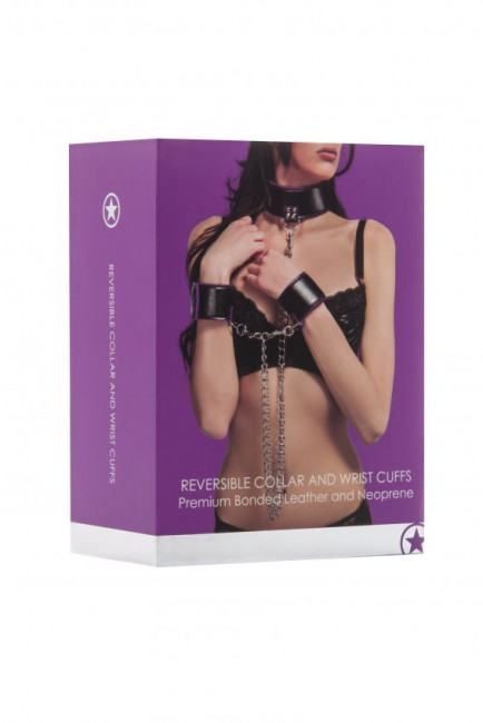 Чёрно-фиолетовый двусторонний ошейник с наручниками Reversible Collar and Wrist Cuffs, Shots Media BV
