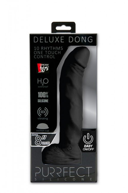Чёрный вибратор-реалистик с присоской PURRFECT SILICONE DELUXE ONE TOUCH 8INCH - 20 см., Dream Toys