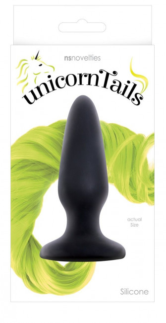 Чёрная анальная пробка с неоново-жёлтым хвостом Unicorn Tails Yellow - 9,9 см., NS Novelties Чёрная анальная пробка с неоново-жёлтым хвостом Unicorn Tails Yellow - 9,9 см., NS Novelties