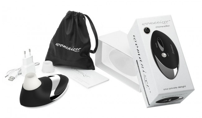 Чёрный бесконтактный стимулятор с хромированной вставкой Womanizer W500 Black Chrome, Womanizer