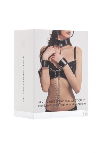 Чёрно-белый двусторонний ошейник с наручниками Reversible Collar and Wrist Cuffs, Shots Media BV