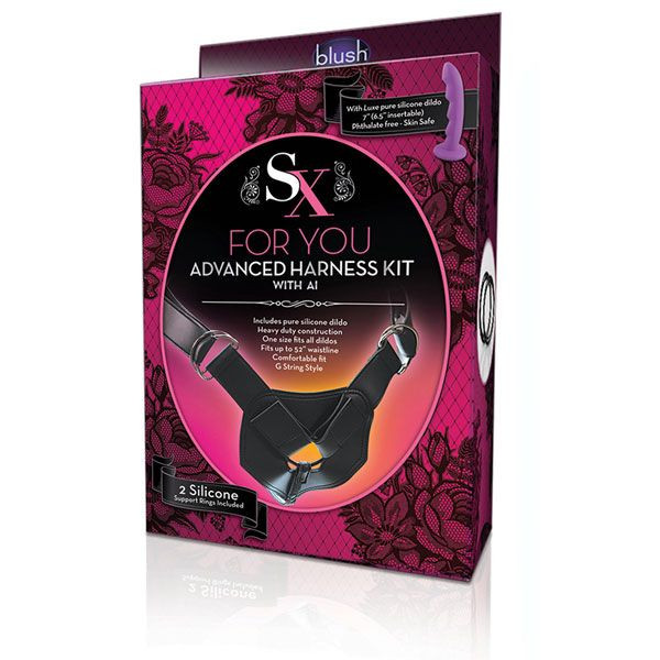 Фиолетовый страпон на регулируемом поясе с кольцами ADVANCED HARNESS KIT WITH AI - 16,5 см., Blush Novelties
