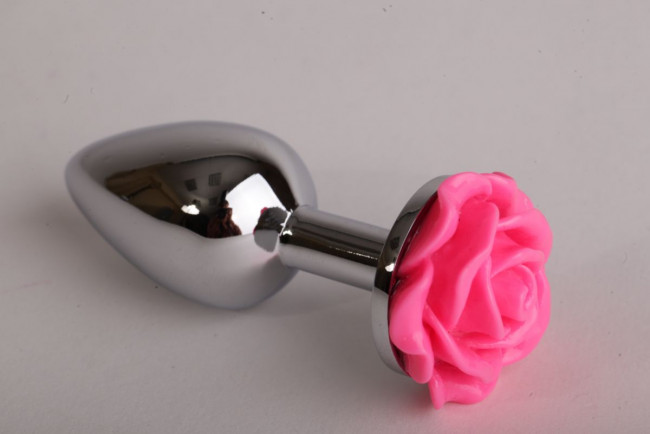 Серебристая анальная пробка с розовой розочкой - 7,6 см., 4sexdreaM