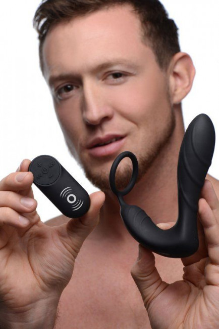 Черный вибростимулятор простаты Silicone Prostate Vibrator and Strap with Remote Control - 14,35 см.
