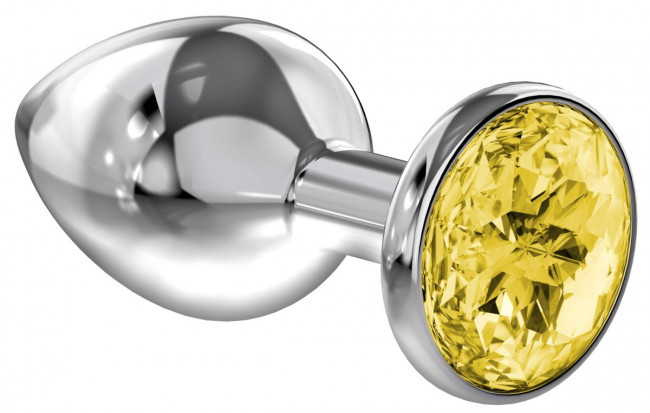 Малая серебристая анальная пробка Diamond Yellow Sparkle Small с жёлтым кристаллом - 7 см., Lola toys
