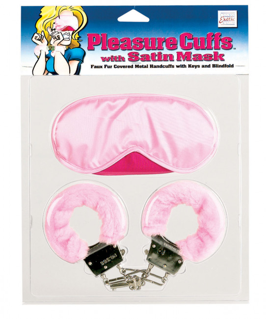 Комплект - розовая маска на глаза, наручники обшитые, 2 ключа., California Exotic Novelties