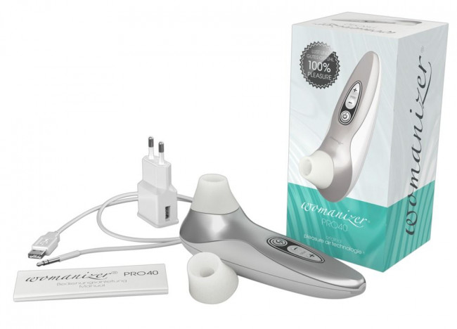 Бело-серебристый бесконтактный стимулятор клитора Womanizer Pro40, Womanizer