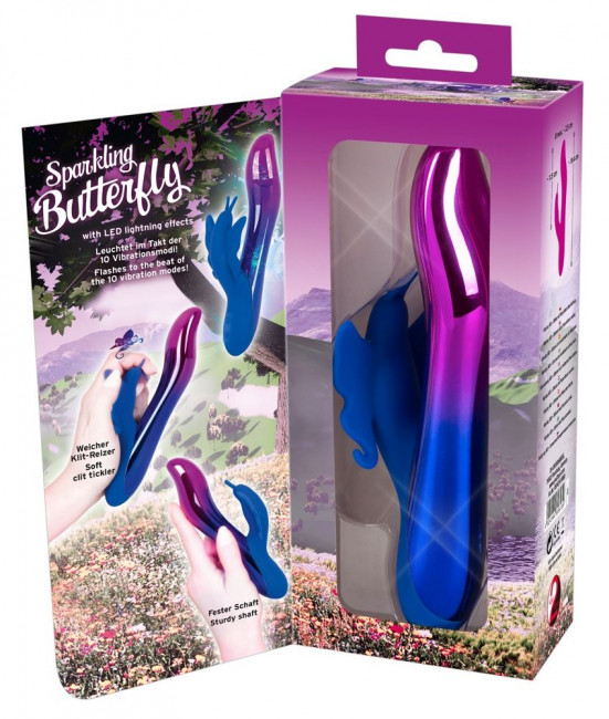 Вибростимулятор с клиторальной бабочкой и подсветкой Sparkling Butterfly - 19,4 см., Orion