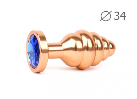 Коническая ребристая золотистая анальная втулка с синим кристаллом - 8 см., Anal Jewelry Plug