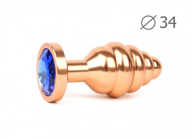 Коническая ребристая золотистая анальная втулка с синим кристаллом - 8 см., Anal Jewelry Plug