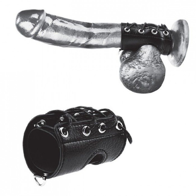 Чёрная утяжка на пенис со шнуровкой 100% PVC STRAP WITH METAL SNAP, BlueLine