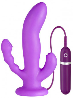 Фиолетовый вибратор с двумя дополнительными отростками PURRFECT SILICONE 3WAYS VIBRATOR 6.5INCH - 17 см., Dream Toys