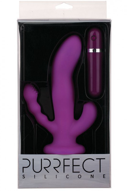 Фиолетовый вибратор с двумя дополнительными отростками PURRFECT SILICONE 3WAYS VIBRATOR 6.5INCH - 17 см., Dream Toys